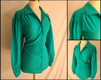 Ropa vintage, Top de mujer de los años 70, blusa, estilo de la década de 1970, traje de festival, camisa de manga larga, verde, botón hacia arriba, mediano, grande, moda retro
