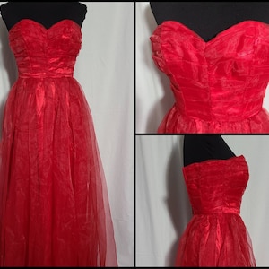 Vintage Clothing, Womens Dress, Prom, 50s 1950s, Red, Strapless, Floor Length, Tulle, Special Occasion, Gown, Retro, Rare, Small, Formal
