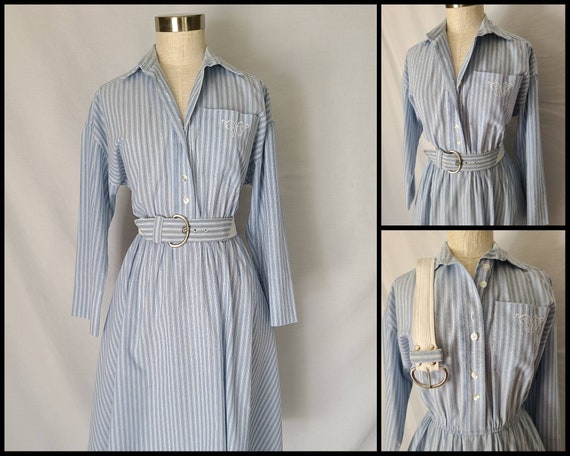 Vintage Clothing Womens Dress 90s 1990s Outfit Shirt Dress Belted Striped Pockets Medium Neiman Marcus Retro Style Monogrammed Etsy