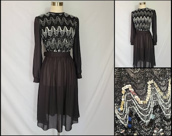 Vintage Clothing, Womens Dress, 70s, 1970s Style, Black, Silver, Sequin, Medium, Large, USA, Special Occasion, Retro Party Outfit Fashion