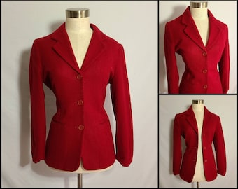 Roupas vintage, blusa feminina dos anos 90, blazer, roupa estilo anos 90, vermelho, lã, moda retrô, médio, grande, tamanho 10, manga comprida, bolsos com botões