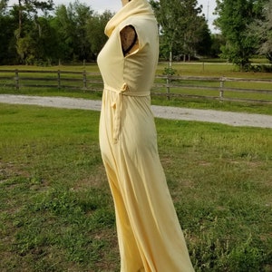 Pode incluir: Um vestido maxi amarelo claro com gola alta e mangas curtas. O vestido tem um la&ccedil;o na cintura e uma saia fluida.