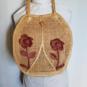 Vintage Clothing, Womens 70s Handbag, 1970s Purse, Accessories, Festival Outfit, Bohemain Fashion, Boho Style, Bag, Tote, Straw, Tan, Floral