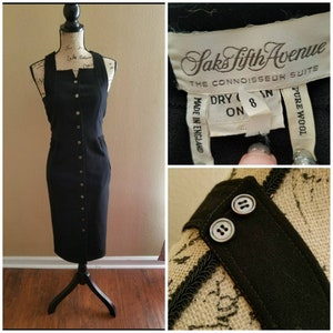 Vintage Clothing, Womens 60s Dress, 1960s, Black, Wool, Authentic Saks Fifth Avenue Connoisseur Suite, Made In England, Button Up, Small