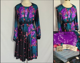 Vintage Clothing, Womens 70s Dress, 1970s, Purple Black, Floral, Long, Zipper Back, Festival Style, Outfit, Boho Fashion, Medium, Large, USA