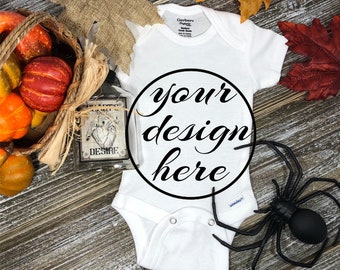 Baby Bodysuit Mockup Halloween Styled Onesie Mockup Mock Up Unisex Fall Mockup Jpg Styled Baby Pumpkins Display Spider Best Free Mockups Creator