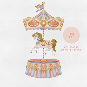 Cavalo de carrossel aquarela, Clip art de chá de bebê para berçário, Vintage infantil, Carrossel de Natal, Arquivo JPG bônus