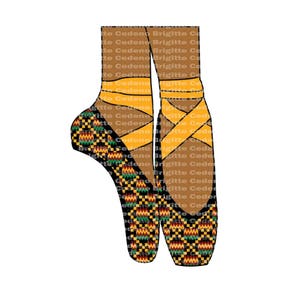 May include: A pair of black ballet shoes with a yellow, green, and black patterned design. The shoes have a brown leather upper and a yellow ribbon.