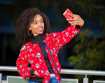 Red African Print bomber jacket