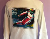 Vintage 90s Ski Skiing USA 29 Cent Stamps 1990s Winter Olympics Crewneck Sweatshirt vintage 1990s sweatshirt Large