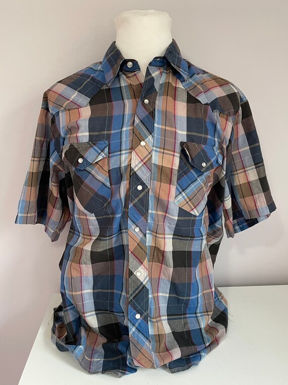 Chemise vintage Wrangler homme 2XLT bleu rayé manches courtes