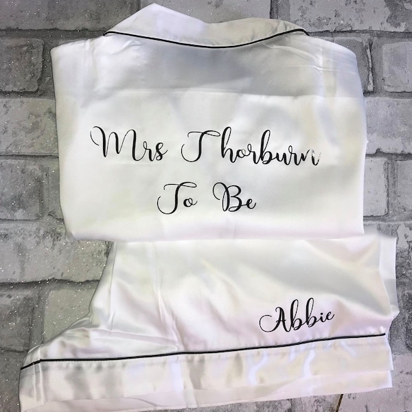 PERSONALISED Bridal party | short pjs | satin pyjamas | Bride | Bridesmaid | White | black short sets with piping and pocket