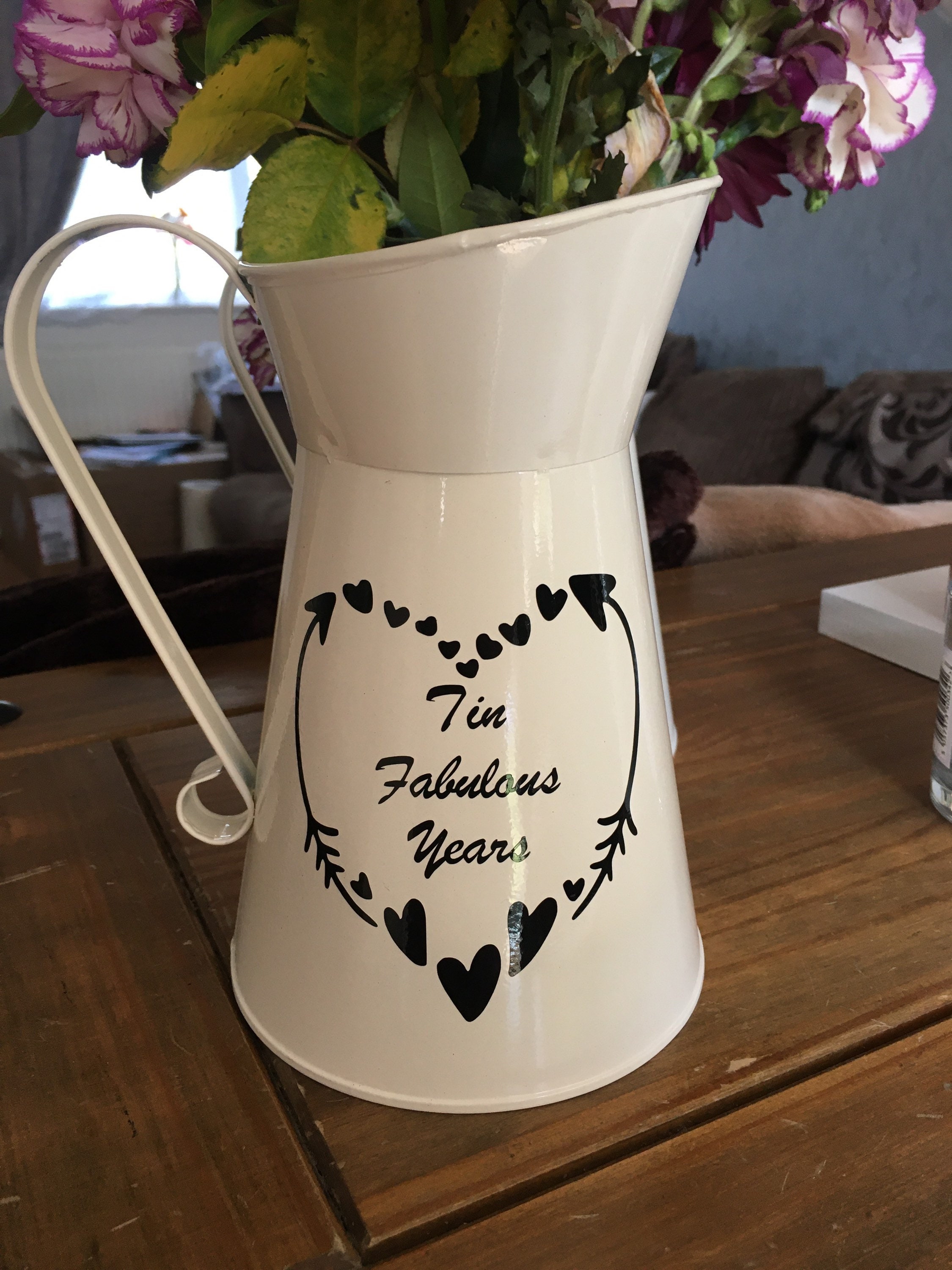 Beautiful Personalised Tin flower vase/jugs perfect 10 year wedding