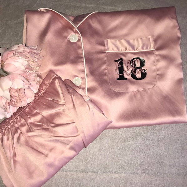 PERSONALISED Charlie style Birthday Pjs  | Short Satin Pjs | Pyjamas | sweet 16 | 18th | 21st | 30th | 40th | Dusky Rose | Blush | Navy |