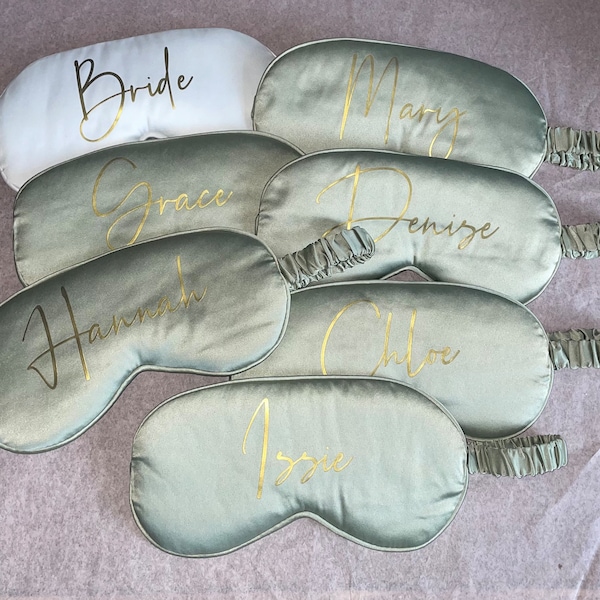 PERSONALISIERT | Luxus Sage Green Satin Augenmasken | | Wähle aus 12 Schriftarten | viele farbige Texte zur Auswahl