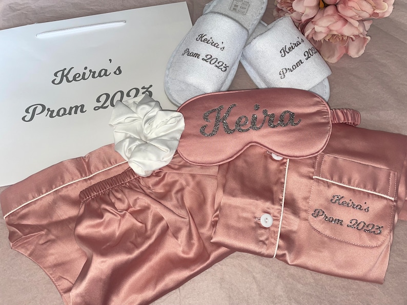 PERSONALISED Short Pyjama Prom set Pj Gift Bag Set sleepover sets Prom Pyjamas Eye mask Bobble Slippers and a gift bag set image 5