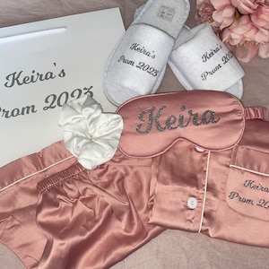 PERSONALISED Short Pyjama Prom set Pj Gift Bag Set sleepover sets Prom Pyjamas Eye mask Bobble Slippers and a gift bag set image 1