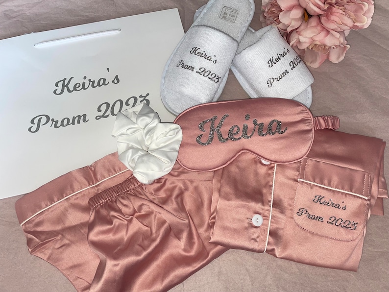 PERSONALISED Short Pyjama Prom set Pj Gift Bag Set sleepover sets Prom Pyjamas Eye mask Bobble Slippers and a gift bag set image 1