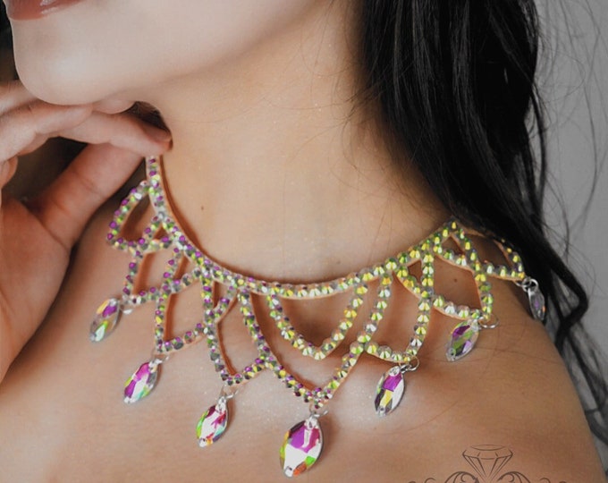 Rhinestones necklace by Amalia Design, crystal necklace, bellydance necklace, ballroom necklace hand made jewelry, ballroom jewelry handmade