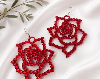 Red Rose Earrings, Flower Jewelry, Light Siam Rhinestones, Ballroom & Bellydance Earrings