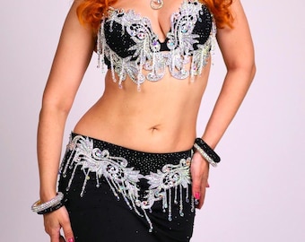 Black Belly Dance Costume with Crystal Beaded Fringe