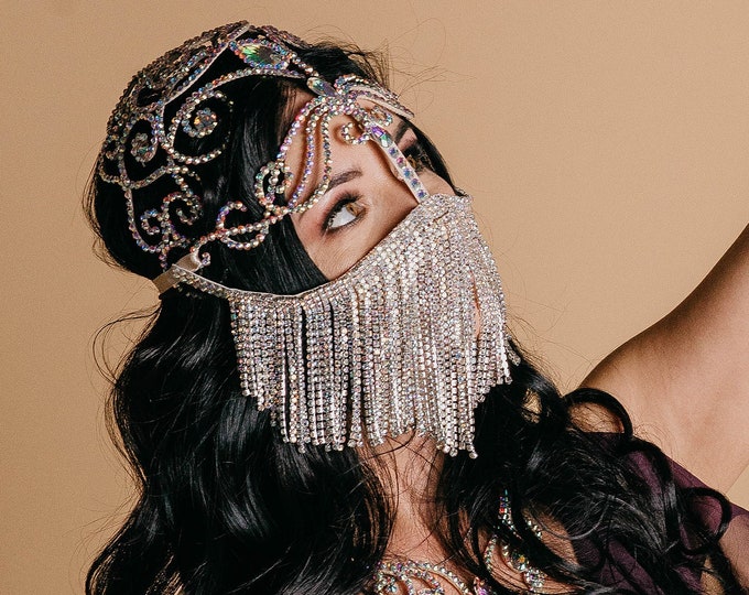 Chain face mask, silver girls mask, face chain jewelry, arabian face mask, burka face mask, fancy bellydance mask, arabian face jewelry