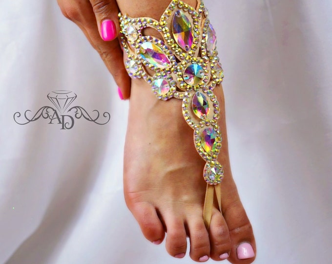 Slave foot jewelry by Amalia Design, festival barefoot sandals, wedding barefoot sandals, slave crystal jewelry, anklet foot finger bracelet