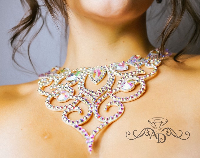 Bright stones necklace by Amalia Design, ballroom necklace, ballroom jewelry, belly dance jewelry, plus size necklace, rhinestones necklace