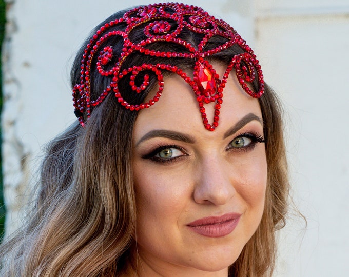 Light siam crystal tiara, rhinestone diadem, red belly dance tiara, belly dance diadem, rhinestone headpiece