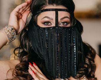 Fringe face mask, black girls mask, face chain jewelry, arabian face mask, burka face mask, fancy bellydance mask, arabian face jewelry