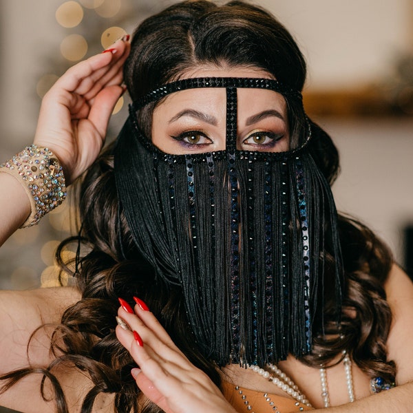Masque facial à franges, masque pour filles noires, bijoux à chaîne faciale, masque facial arabe, masque facial burka, masque de danse du ventre fantaisie, bijoux arabes
