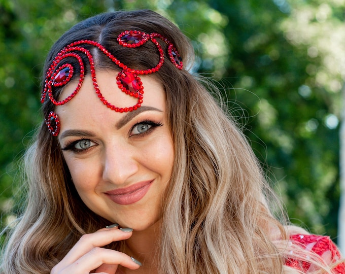 Light siam rhinestone tiara, black rhinestone diadem,  red belly dance diadem, ballroom hair piece, burlesque headpiece