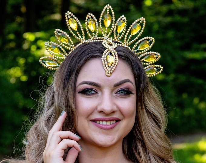 Sunshine crystal crown by AmaliaDesign, gold bellydance headpiece, ballroom dance hair piece, rhinestone headpiece bellydance, mermaid crown