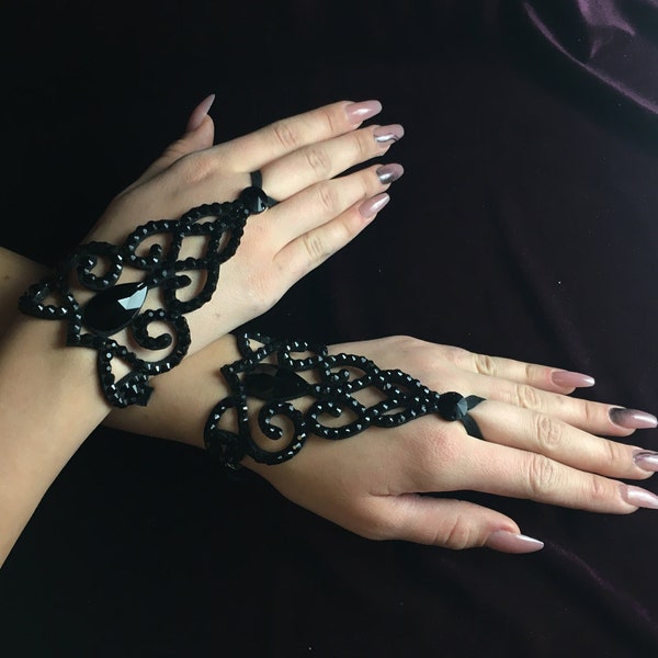 Black hand bracelet by Amalia, dance hand bracelet, belly dance jewelry, black ballroom jewelry, rhinestone bracelet, latin dance bracelet