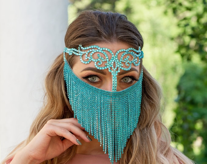 Chain face mask, turquiose girls mask, face chain jewelry, arabian face mask, burka face mask, fancy bellydance mask, face chain headpiece