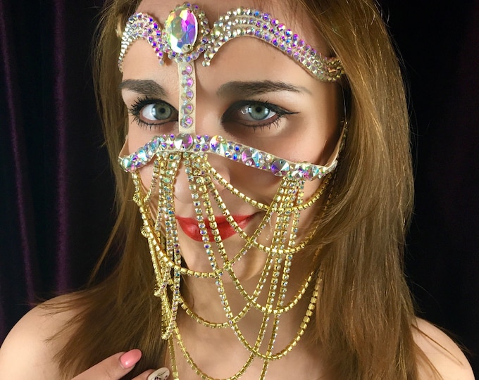 Rhinestone mask, arabian hair jewelry, mask headband, belly dance face mask, gold chain mask, face chain jewelry, burka face veil sparkly