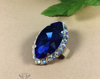 Navette crystal ring, blue rhinestone ring, ring for women, blue crystal rings, latin dress, latin dance dress, ballroom dance dress