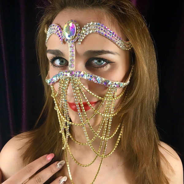Rhinestone mask, arabian hair jewelry, mask headband, belly dance face mask, gold chain mask, face chain jewelry, burka face veil sparkly
