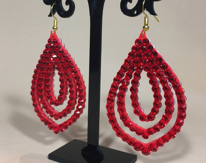 Red rhinestones earrings by Amalia Design, red crystal earrings, ballroom dance earrings, ballroom dance red jewelry felt earrings