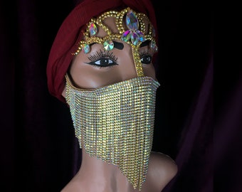 Gold chain face mask, gold girls mask, face chain jewelry, arabian face mask, burka face mask, fancy bellydance mask, face chain headpiece