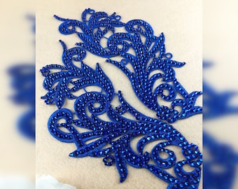 Blue rhinestones lace patch, rhinestones costume base, blue costume patch, blue bellydance base, blue rhinestones applique, blue patch