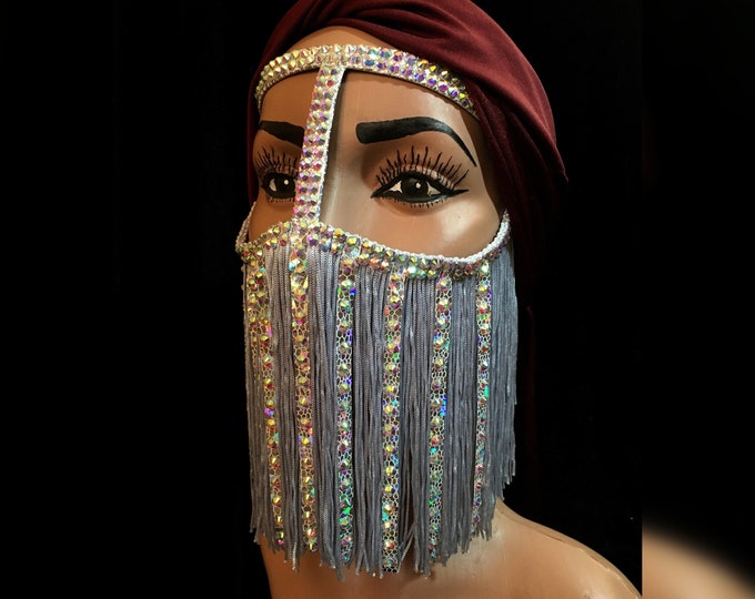 Fringe face mask, silver girls mask, face chain jewelry, arabian face mask, silver veil, tribal face chain, arabian face jewelry, mask veil
