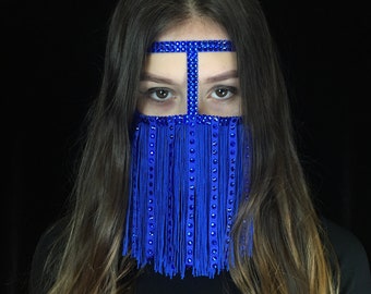 Fringe face mask, blue girl mask, face chain jewelry, arabian face mask, burka face mask, tribal face chain, arabian face jewelry, mask veil