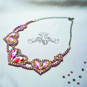 Collar de corazón de Amalia Design, collar de salón, collar de danza del vientre, collar de diamantes de imitación, joyería de salón, collar de San Valentín