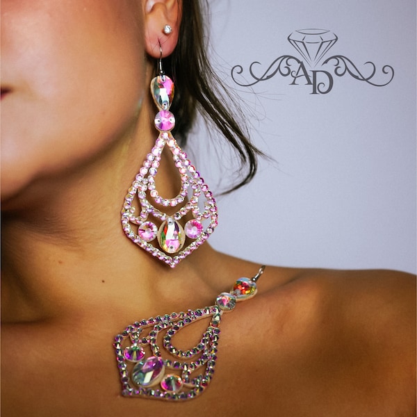 Long rhinestones by Amalia Design, ballroom earrings, bellydance earrings, ballroom dance jewelry, ballroom crystal earrings, latin dance
