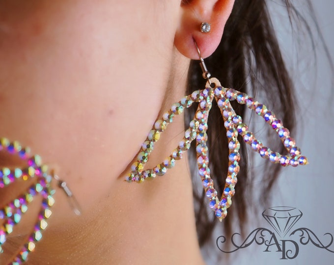 Leaf shaped crystal earrings by Amalia Design,  bellydance earrings, rhinestones earrings, ballroom dance earrings, felted earrings