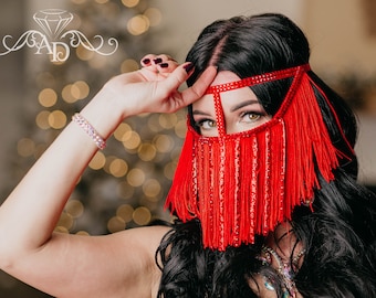 Fringe face mask, red girls mask, face chain jewelry, arabian face mask, burka face mask, tribal face chain, arabian face jewelry, mask veil