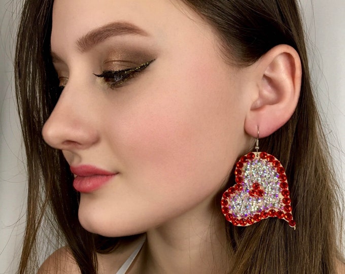 Heart crystal earrings by Amalia Design, ballroom dance earrings, bellydance earrings, competition earrings, ballroom dance jewelry