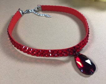 Dance red choker by Amalia Design, bellydance red choker, red rhinestone choker, light siam choker, ballroom dance choker competition choker