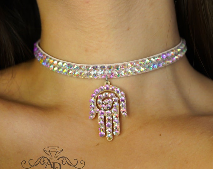 Hamsa dance choker by Amalia Design, bellydance choker, rhinestone choker, crystal choker, ballroom choker, handmade choker,  hamsa choker